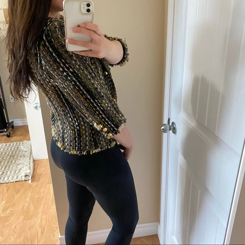 CAbi Fringe Blazer Wool Tweed Gold Button - Picture 3 of 10